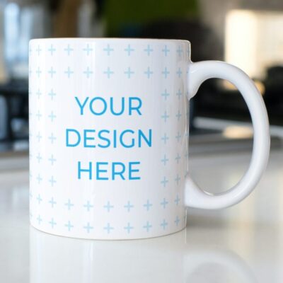 Blank design of a white 11 oz Mug that has an editable "Your Design Here".