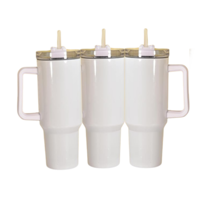 Two customizable white travel mugs with lids and handles, ideal for personal photos and designs. 40 oz tumbler like Stanley.
