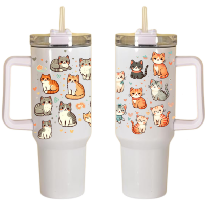 Two white customized 40 oz tumblers like Stanley travel mugs with lids and handles, straws adorned with various cute cat illustrations.