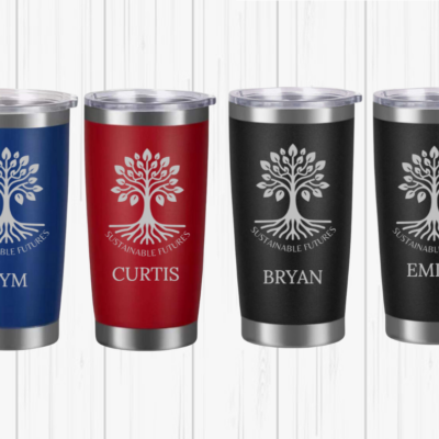 Four insulated corporate 40 oz tumblers in different colors like Stanley, each personalized with a name and the logo of “Sustainable Future” for corporate employees and swag